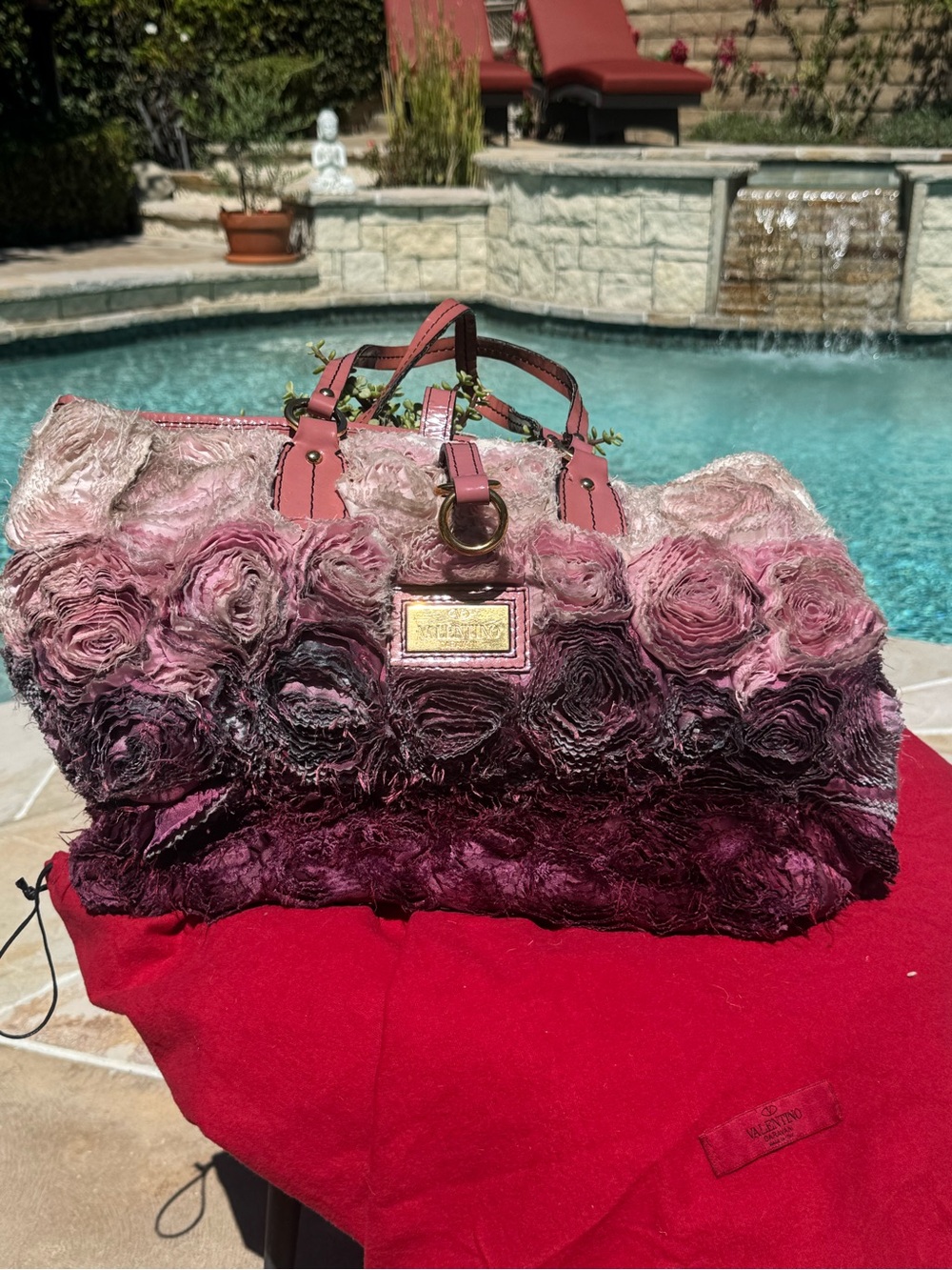 Valentino Garavani Pink to Burgundy Rose-Appliqué Satchel Bag